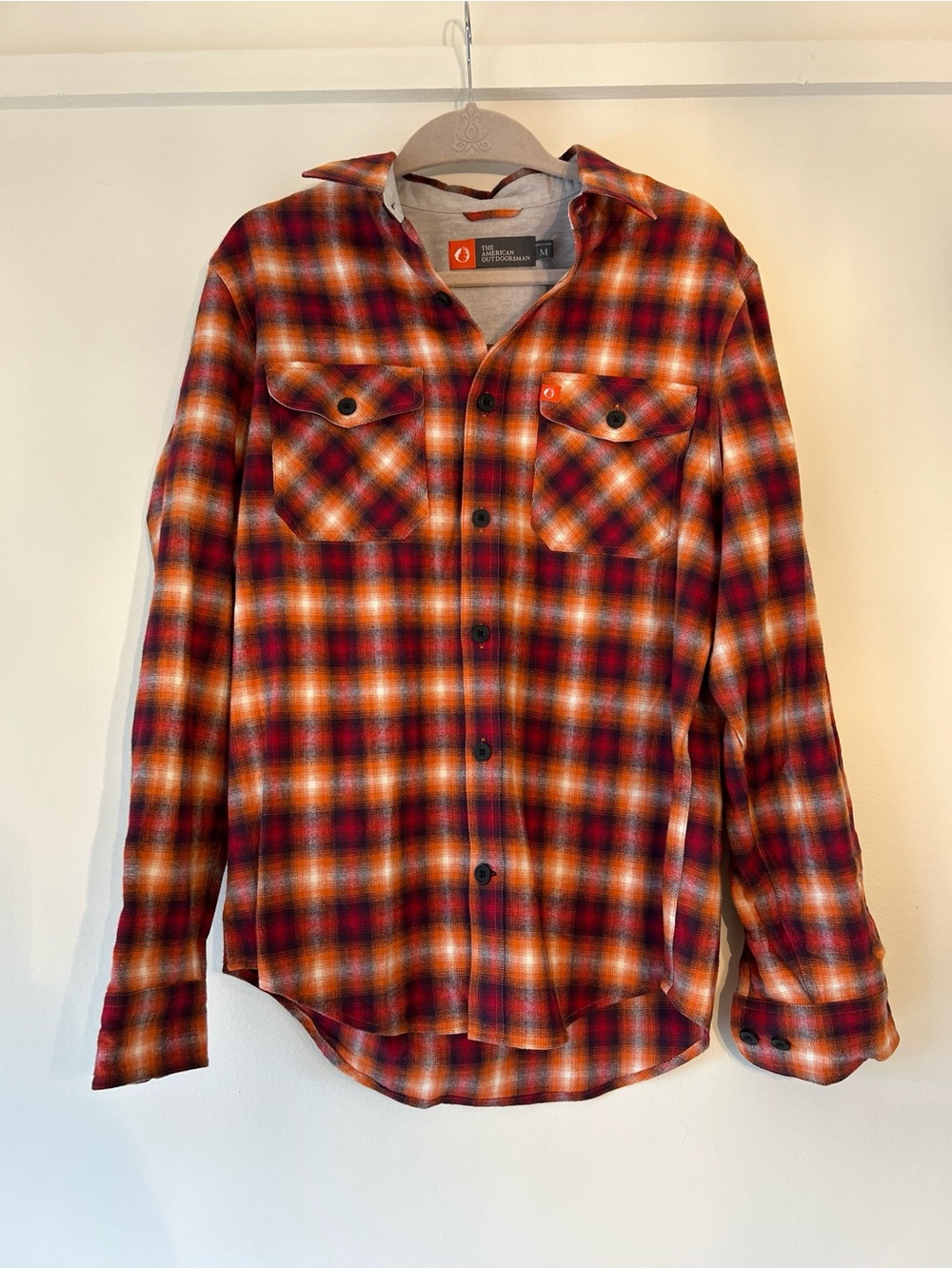 The American Outdoorsman Orange Burgundy Plaid Flannel Shirt Men's M